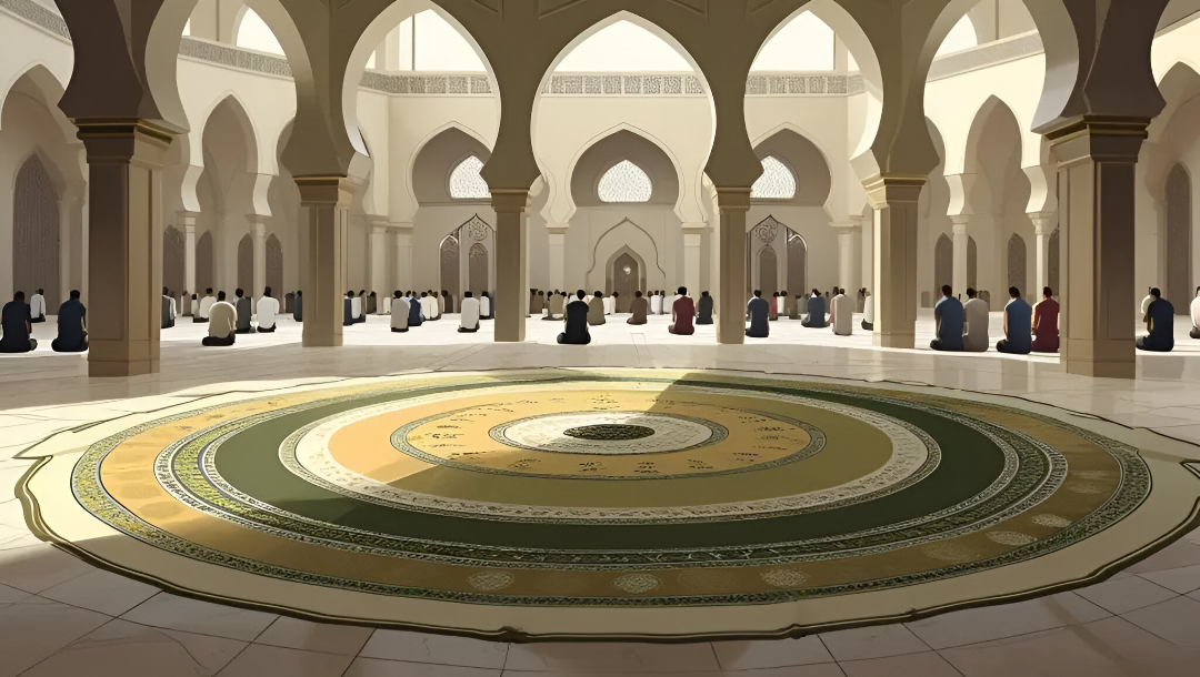 Interior-masjid-yang-tenang-dengan-karpet-sajadah-bermotif-lingkaran-berulang-yang-melambangkan-kebersamaan-dan-persatuan.-Pola-lingkaran-dirancang-artistik-dengan-sentuhan-motif-Islami-dalam-w