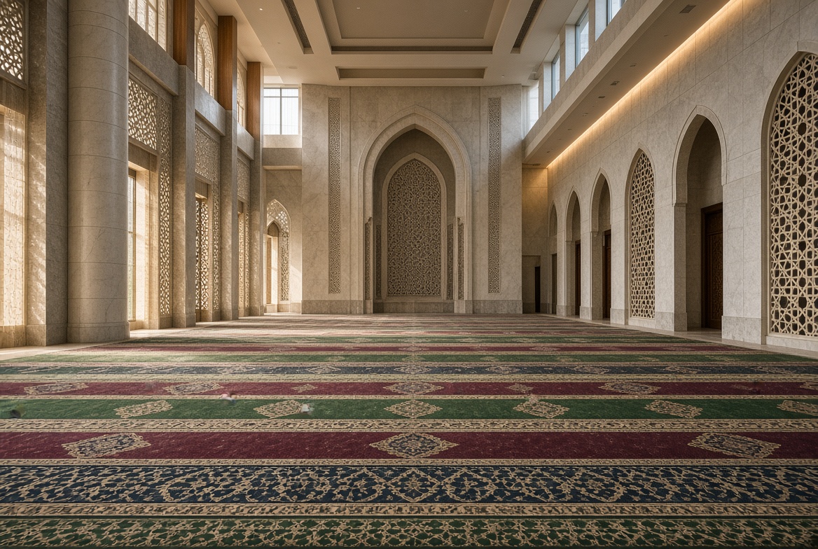 Premium mosque carpet with aligned prayer rows in an Indonesian mosque